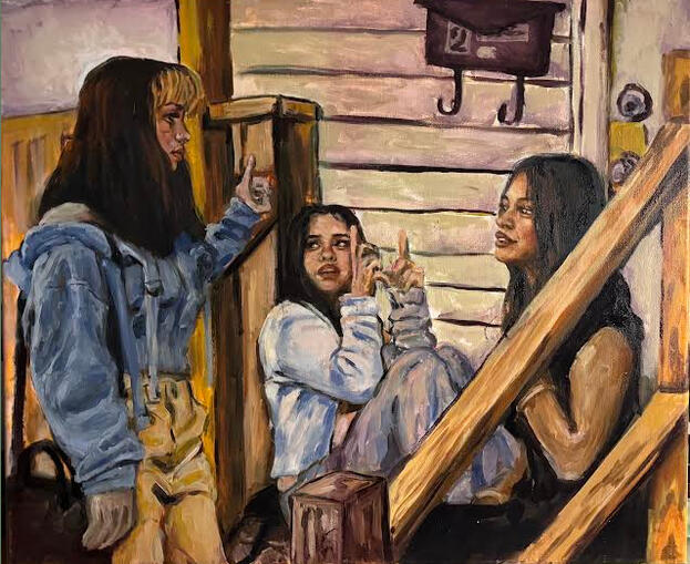 This piece is a collection of three paintings, its signifying the fact most teenage girls cant have fun without thinking about protecting themselves especially compared to their male counterpart.